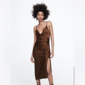 NWT Zara Satin Effect Midi Dress in Brown Size Small